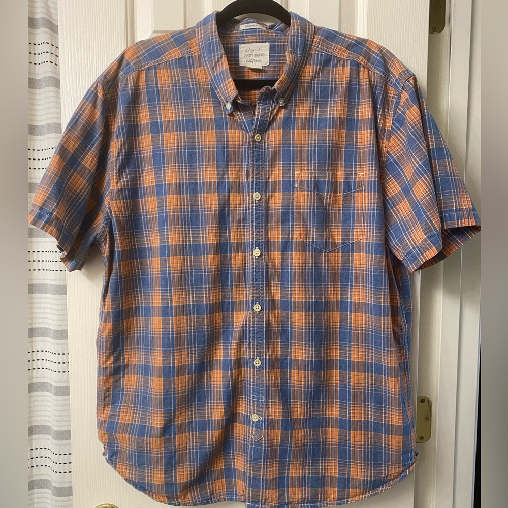 Lucky Brand Casual Blue and Orange Plaid Short Sleeve Button Down Shirt Size XXL